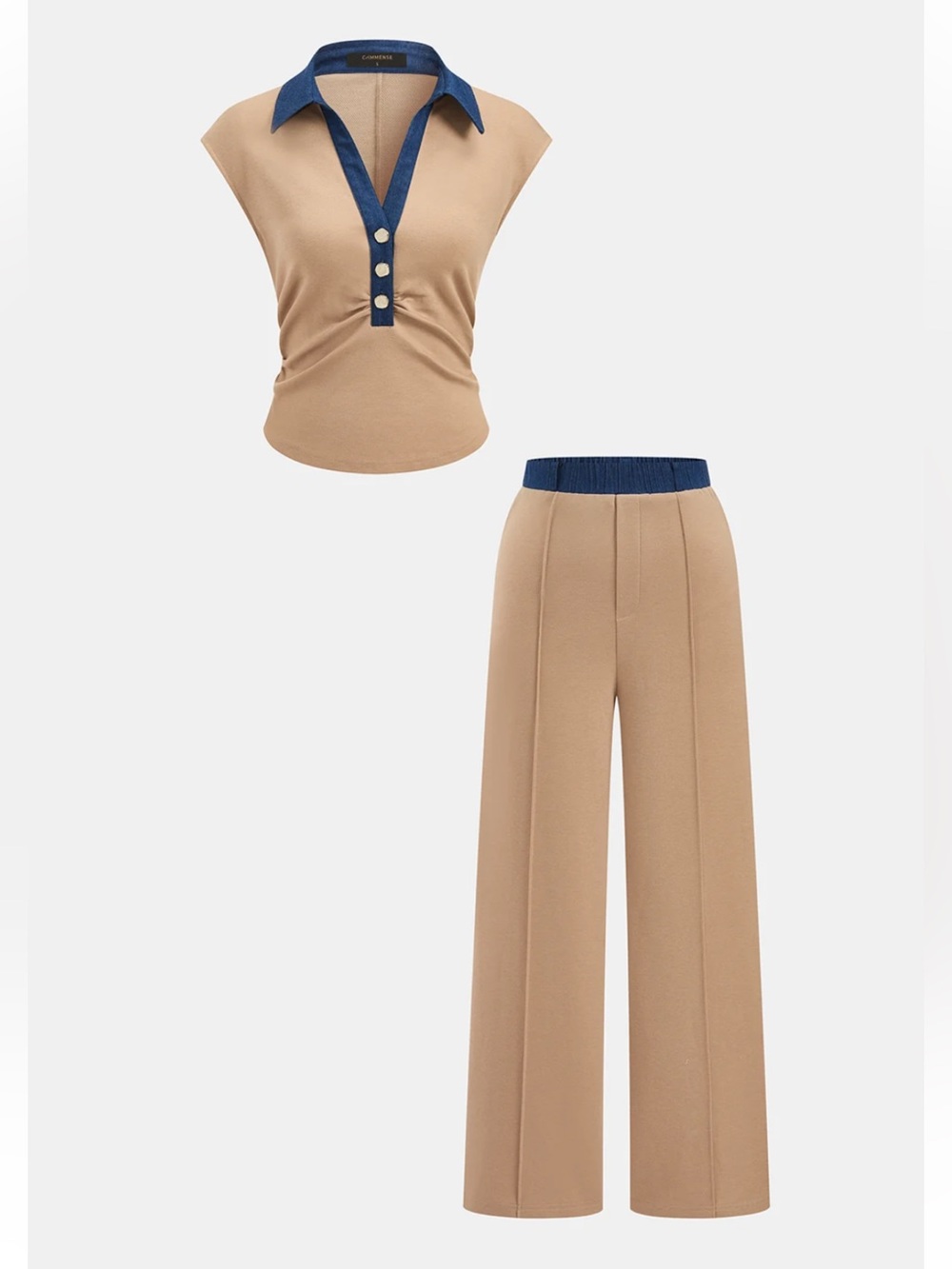 Commense Sleeveless Polo Top & Wide-Leg Trousers Set in Camel with Navy Trim